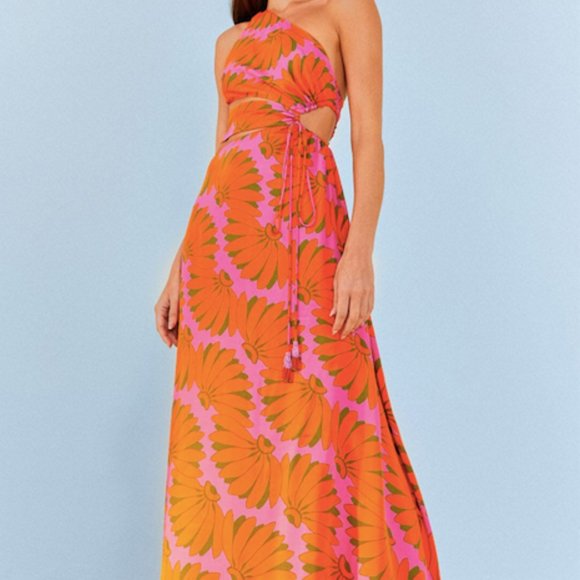 Pink Copacabana Viscose Cut Out Midi Dress Farm Rio - Picture 1 of 3